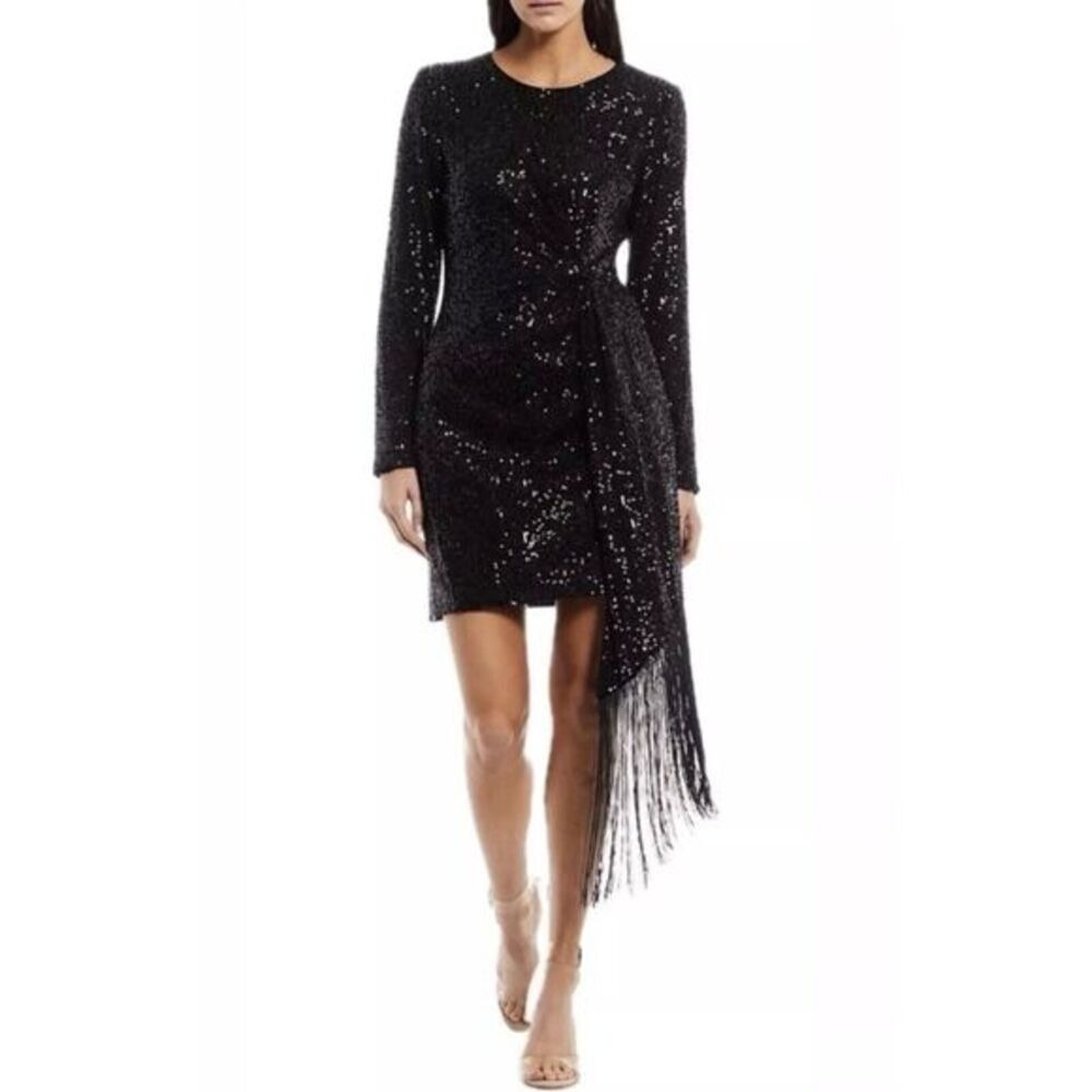 Belle Badgley Mischka Harley Black Sequin Crew Neck Long Sleeve Fringe Dress